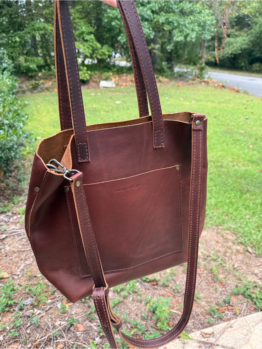 Portland Leather Goods Tote Bag in Dark Brown crossbody or use shoulder straps